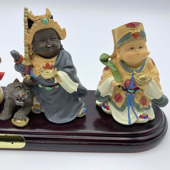 Five Prosperity God Miniture Figurines With Wooden Stand, Vintage, Handpainted - Picture 7 of 11